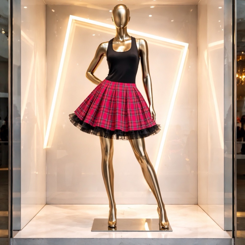 Twelve by Twelve Red Plaid Mini Skirt with Black Tulle Trim